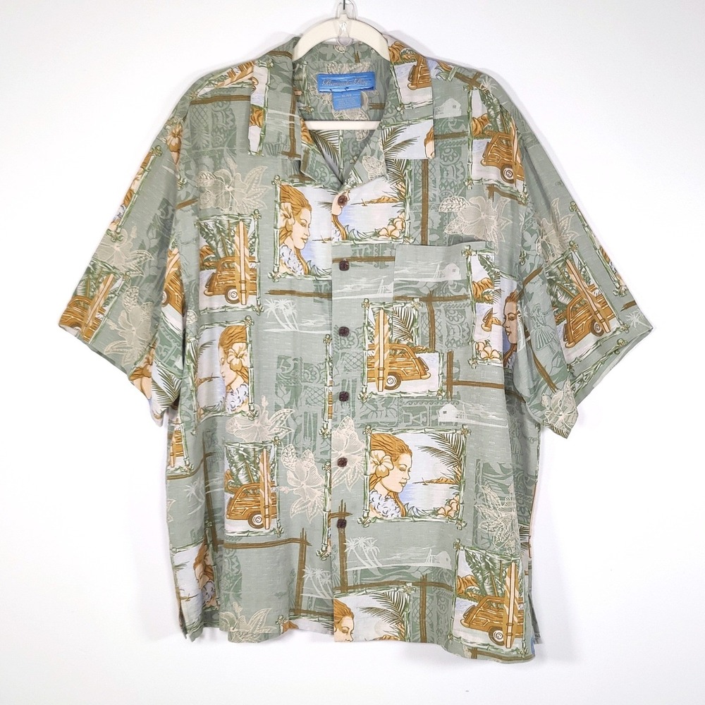Bermuda Bay Silk Hawaiian Shirt XL Hula Woody Surfboard Tiki Sage Green Resort